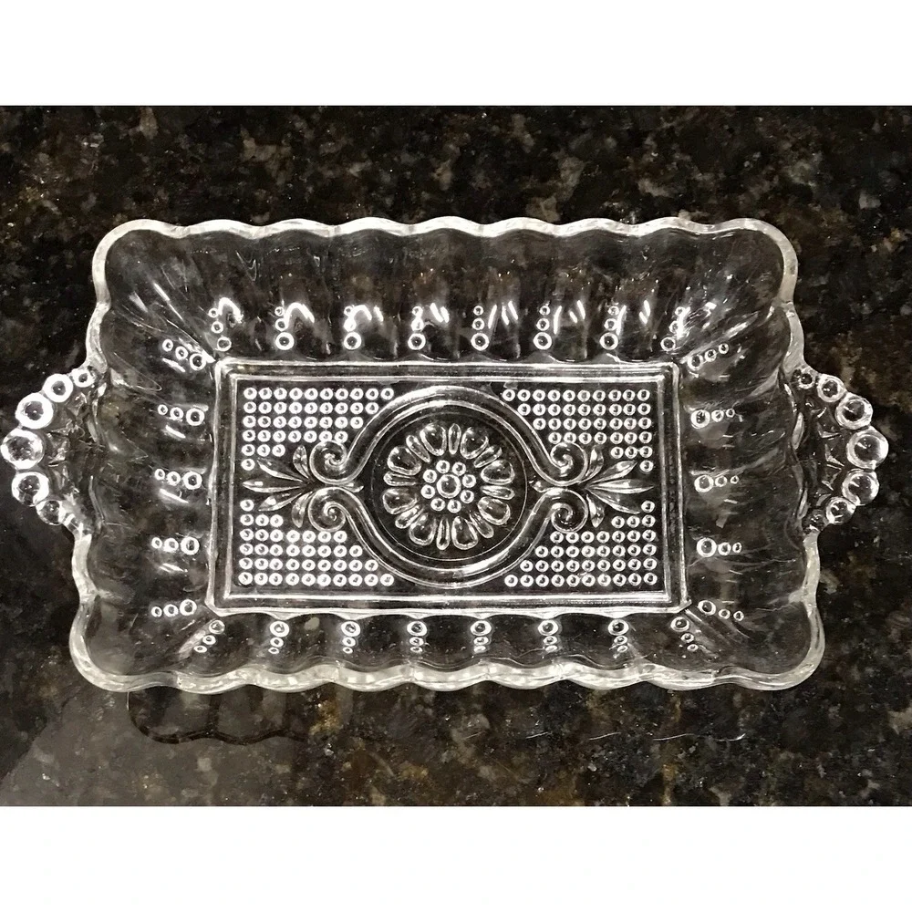 Vintage Anchor Hocking Rectangular‎ Knob Glass Relish Dish Set Trinket Dish